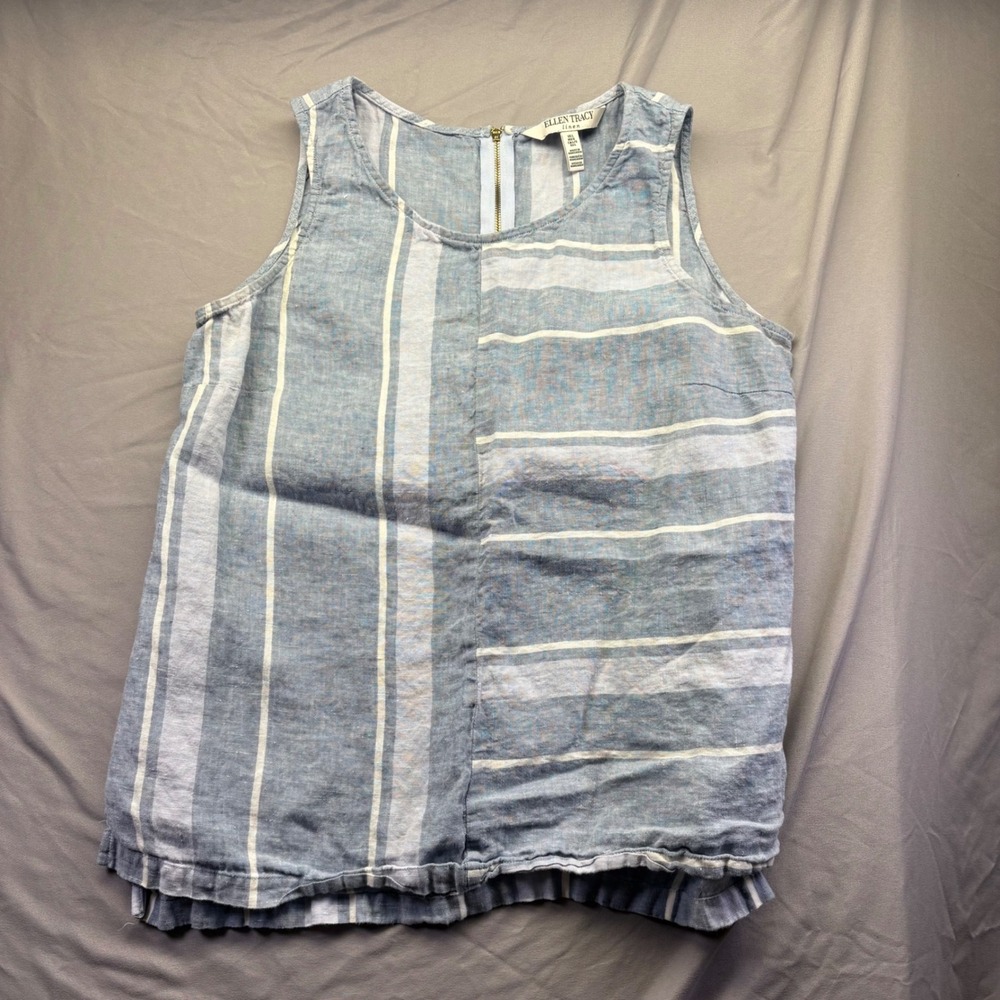 Ellen Tracy Linen Tank Top Blue White Striped Sleeveless Blouse Back Zip Mens L - Picture 8 of 8